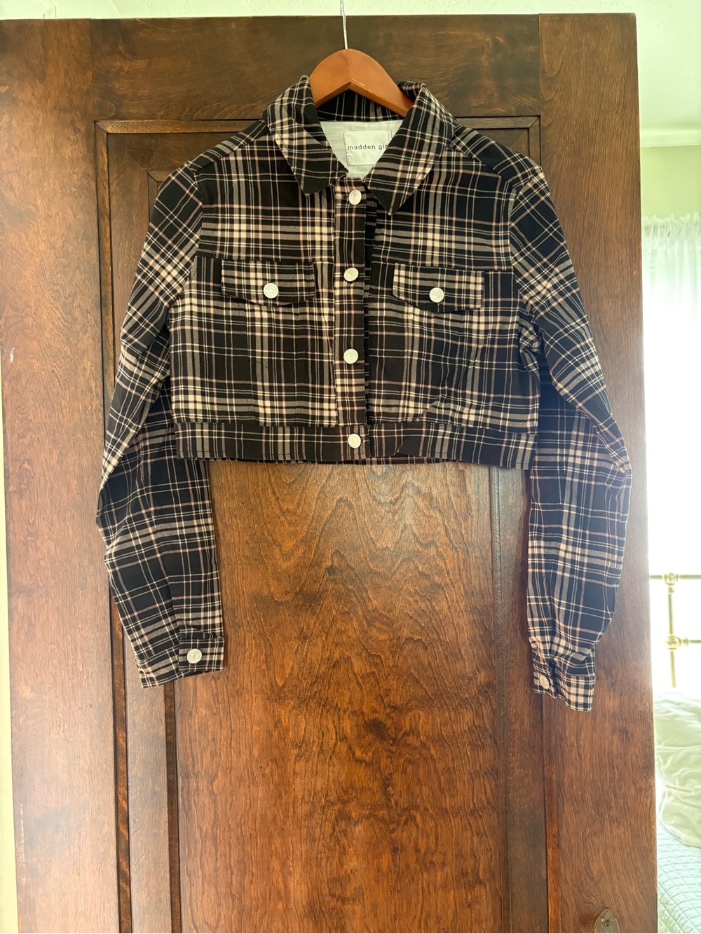 Madden Girl Cropped Plaid Jean Jacket in Black and Tan